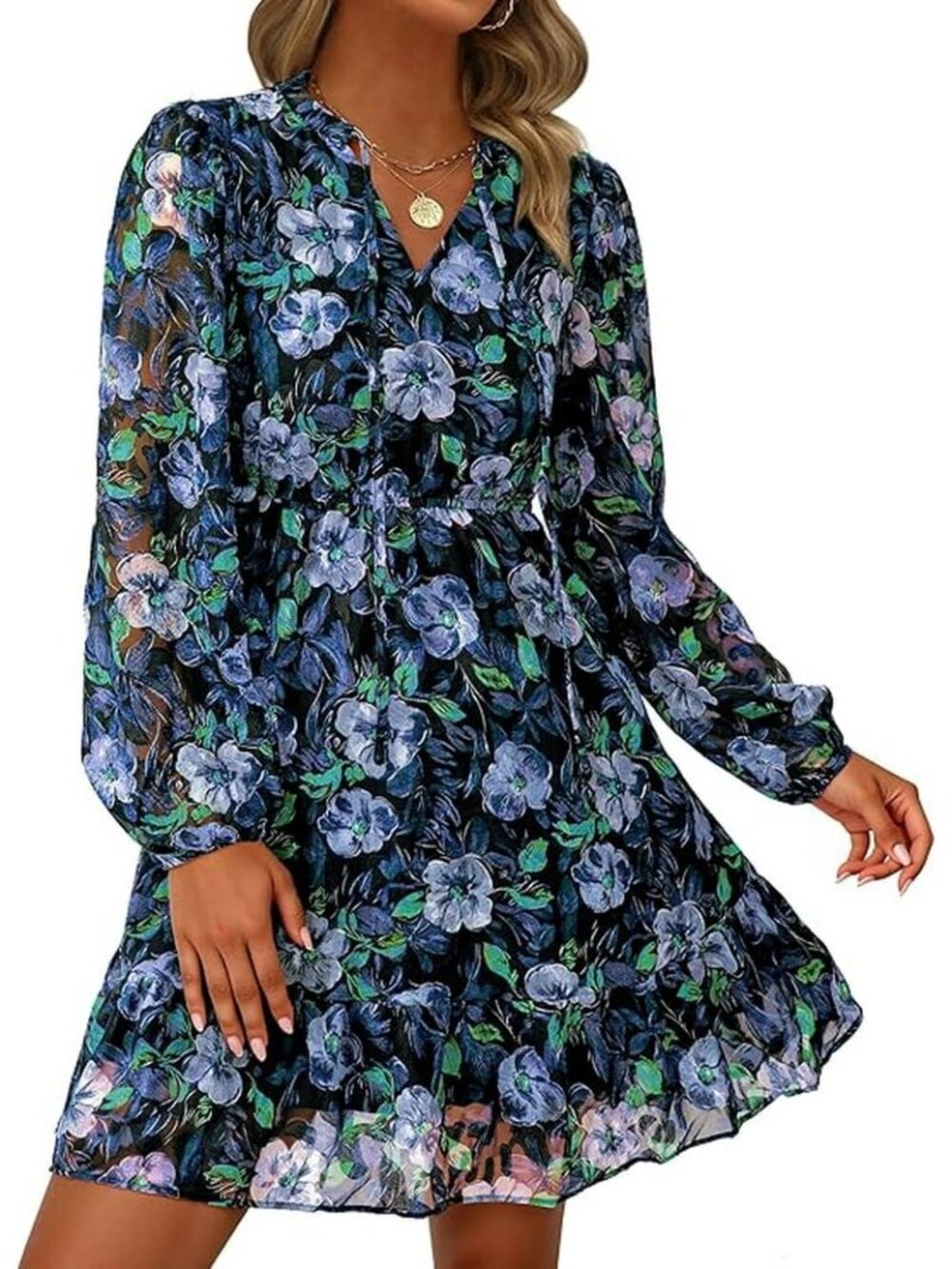 NWT PRETTYGARDEN Women's Size L Boho Dress Floral Long Sleeve V Neck Mini Flowy